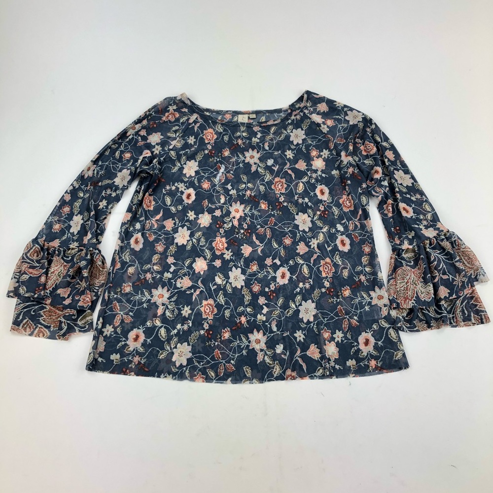 Allison Joy Sheer Floral Bell Sleeve Flow Top
